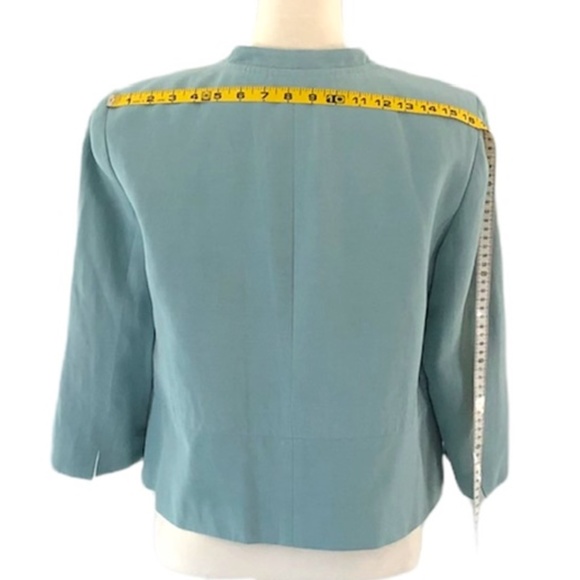 Jones New York Women’s Aqua Silk & Linen Crop Collarless Blazer Size 12 - Picture 6 of 12